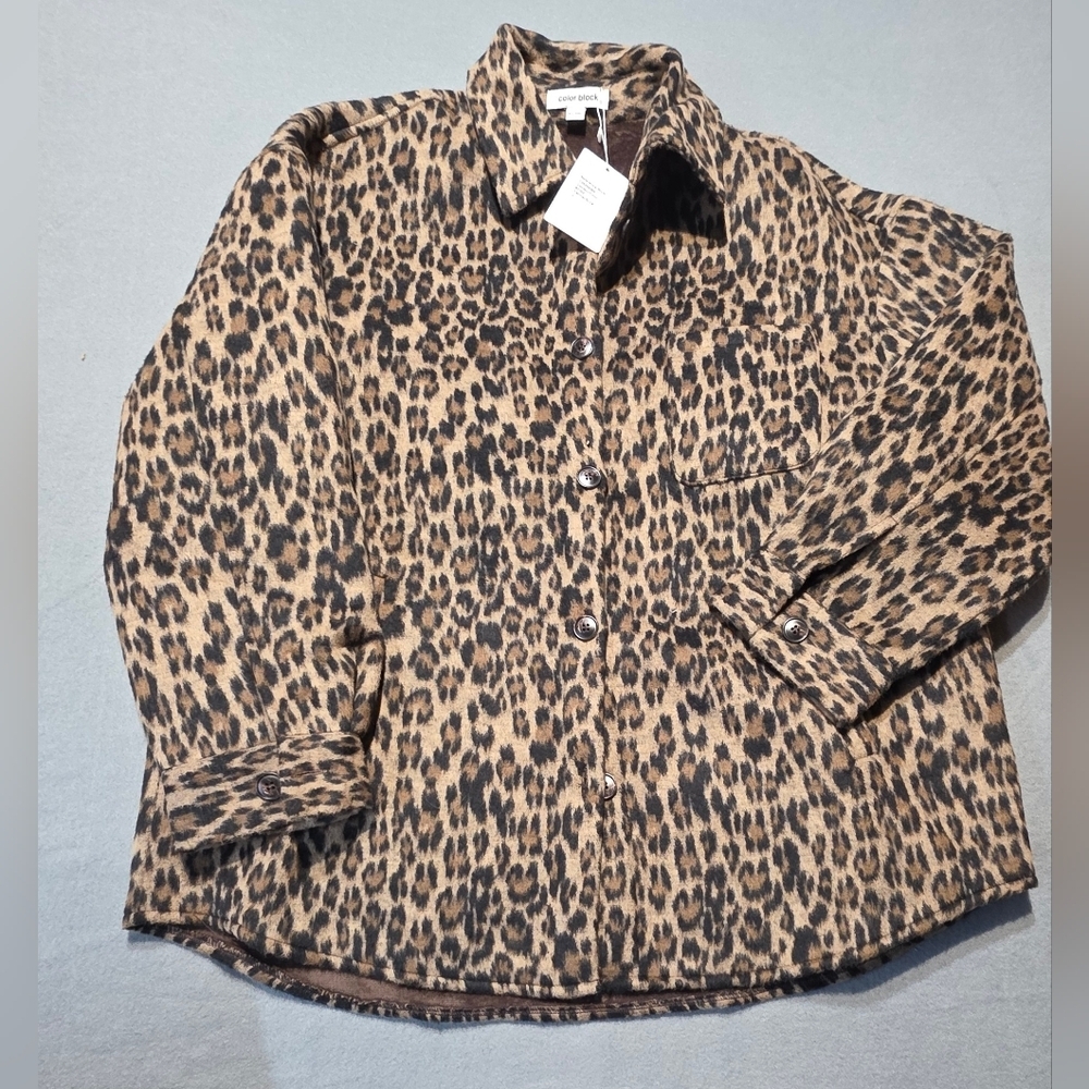 NWT Color Block Leopard Print Teddy Jacket Size Large PTP 24